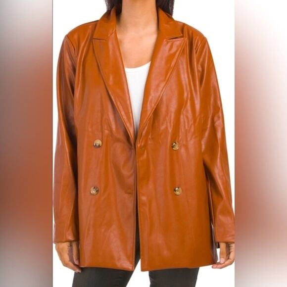 En Saison Faux Leather Oversized Blazer Jacket Double Breasted Rust Brown Small - Picture 1 of 12